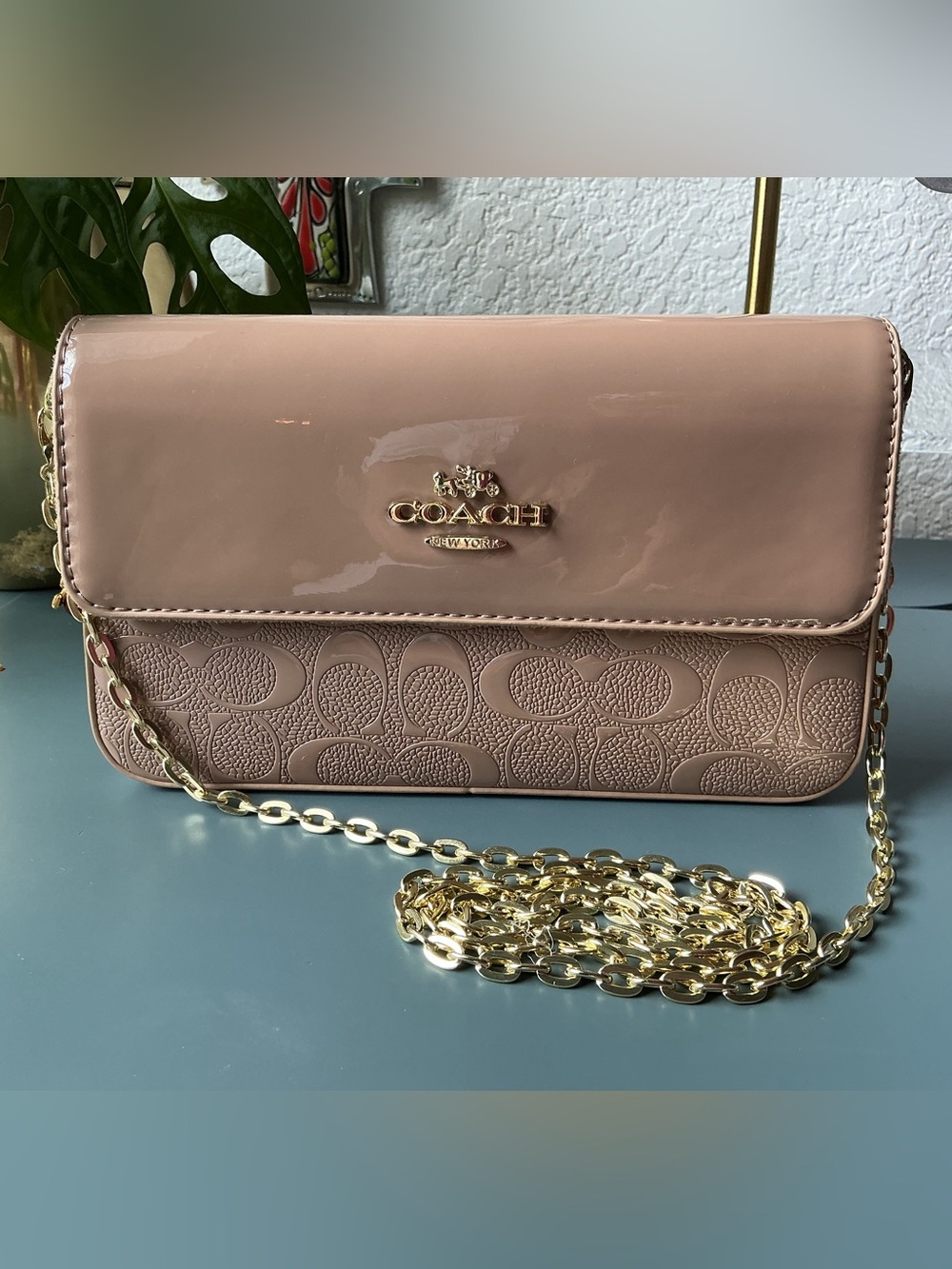 **Designer Inspired Nude/Taupe Patent Crossbody Bag **